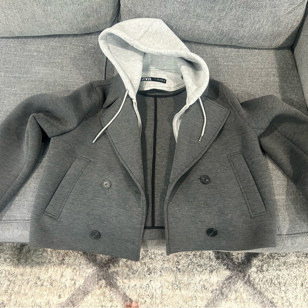Zara Gray Double-Breasted Blazer Coat with Light Gray Hood